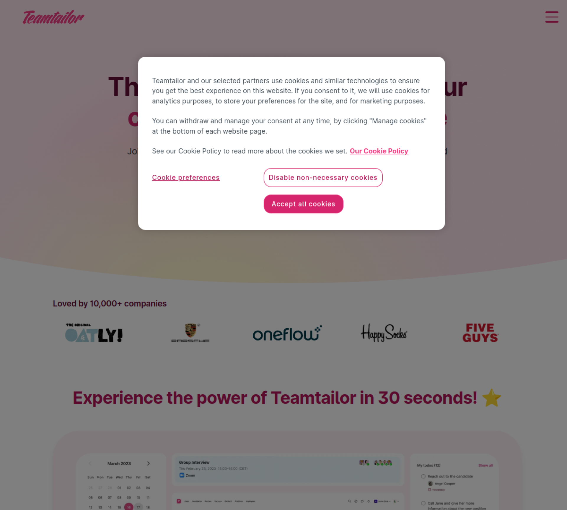 Teamtailor homepage showing the ATS with career site builder