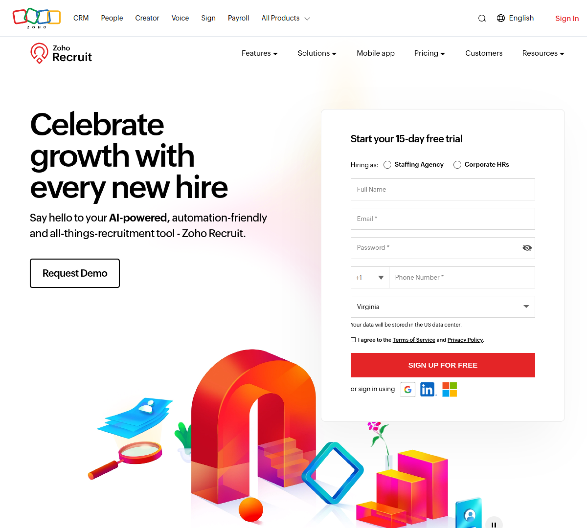 Zoho Recruit homepage showing the ATS platform for corporate HR and staffing agencies