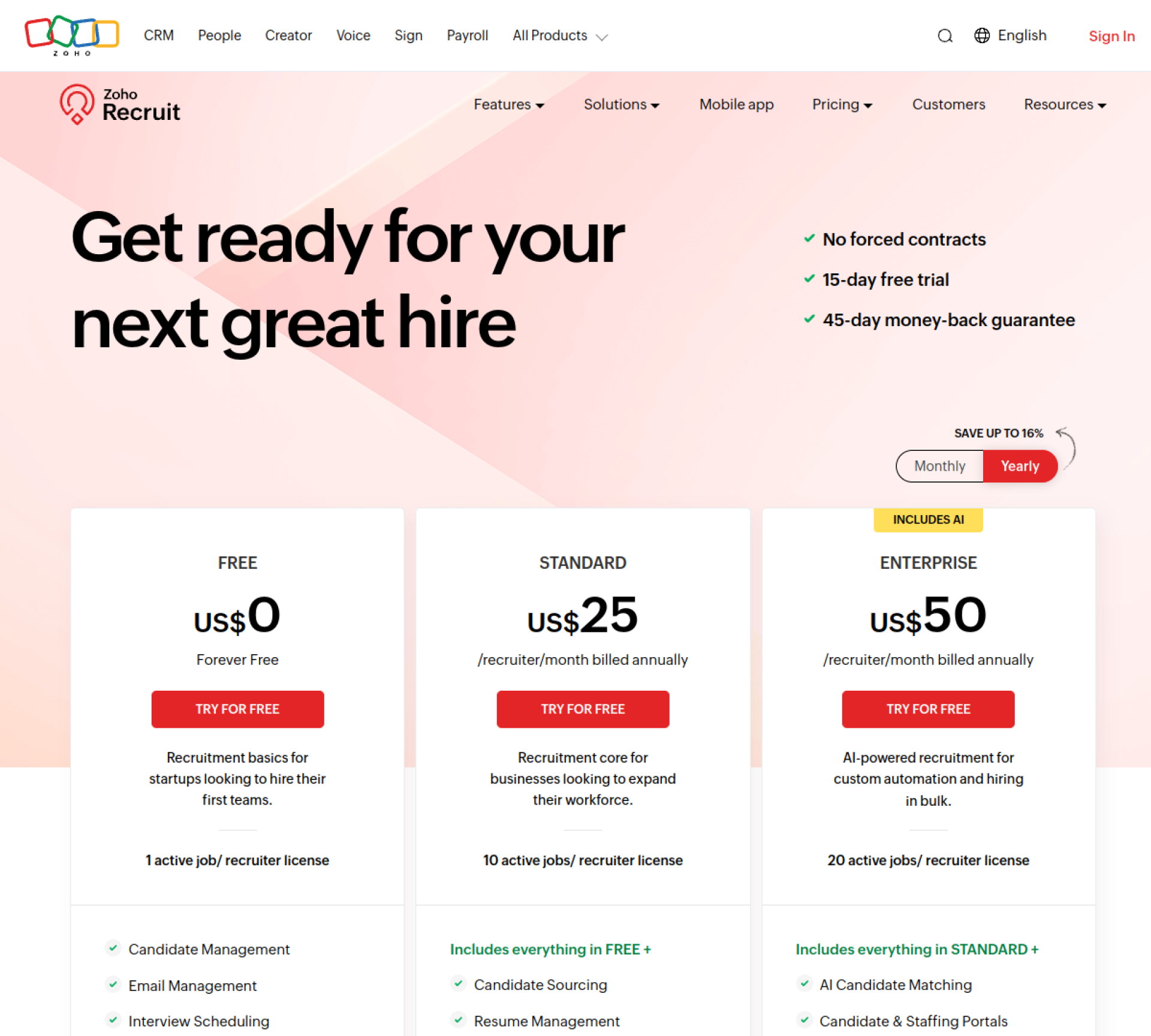 Zoho Recruit pricing plans showing free, standard, and enterprise tiers