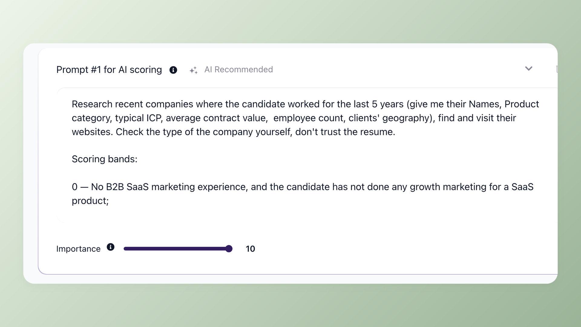 100Hires AI Scoring criteria editor with prompts and importance weights
