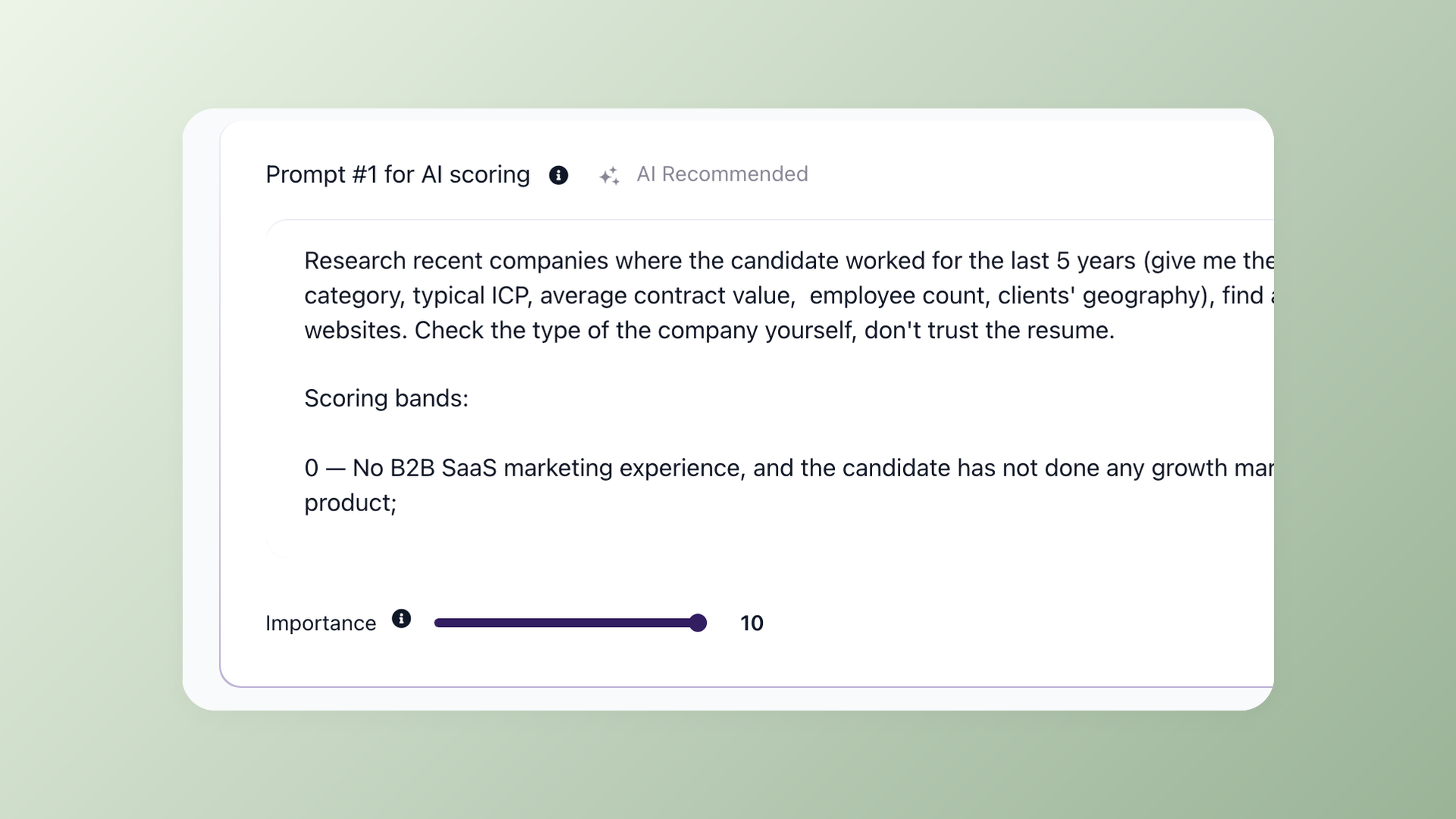100Hires AI scoring prompt with research instructions, 0-100 scoring bands, and importance weight