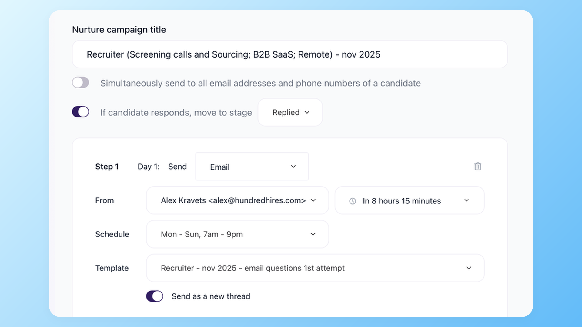 Nurture campaign settings in 100Hires with response-based stage movement, send window, sender, and template controls