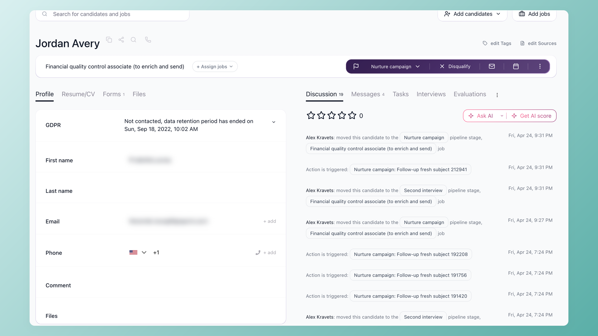 100Hires candidate record with activity history