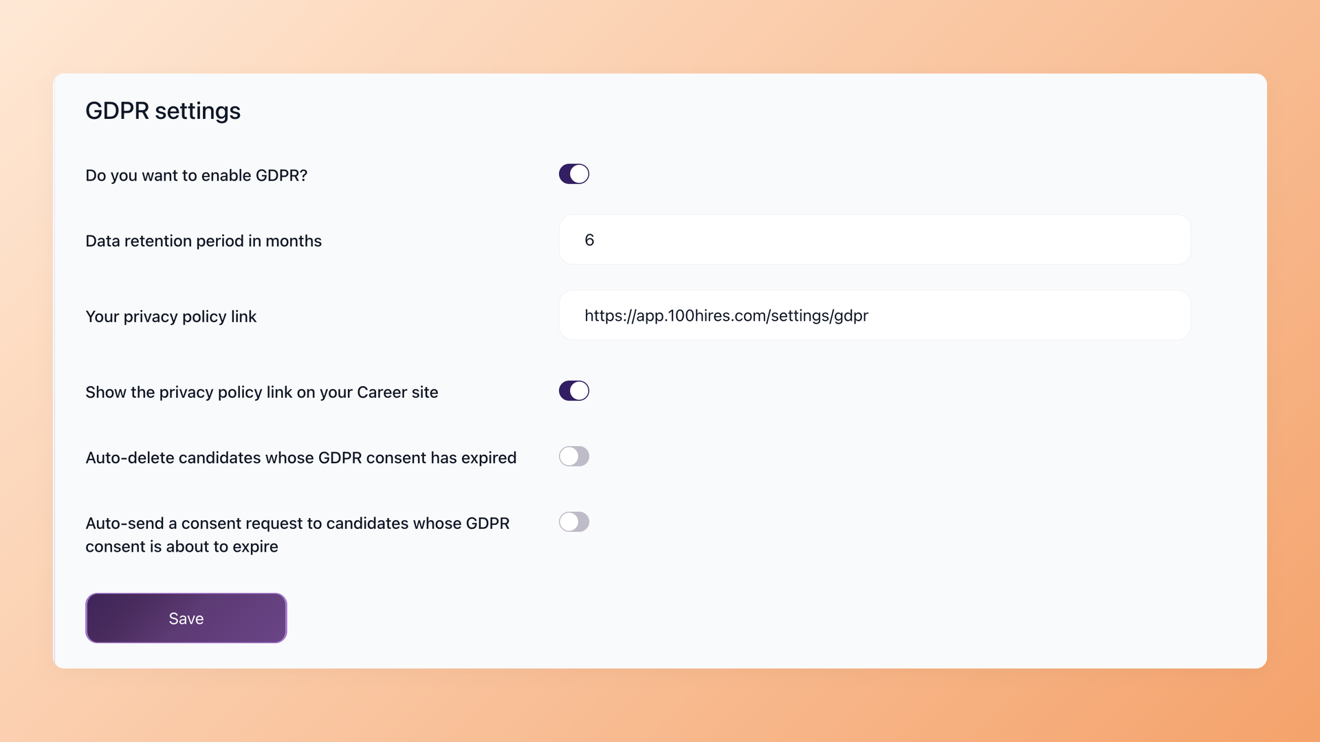 100Hires data retention and erasure settings