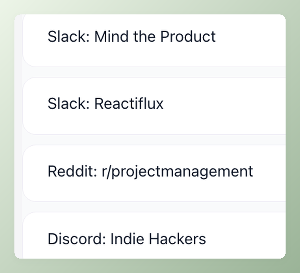 100Hires custom trackable sources panel with realistic recruiter examples: PMI Project Management Network FB group, Mind the Product Slack, r/projectmanagement Reddit, ProductCon Berlin QR code, and 6 more