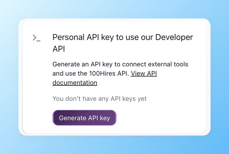 100Hires Settings > Integrations page showing API key generation and Gmail / Outlook / Google Calendar / Outlook Calendar native integrations