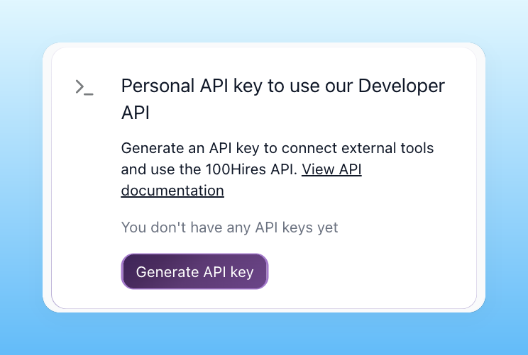 100Hires personal API key card with a generate API key button and a link to view API documentation
