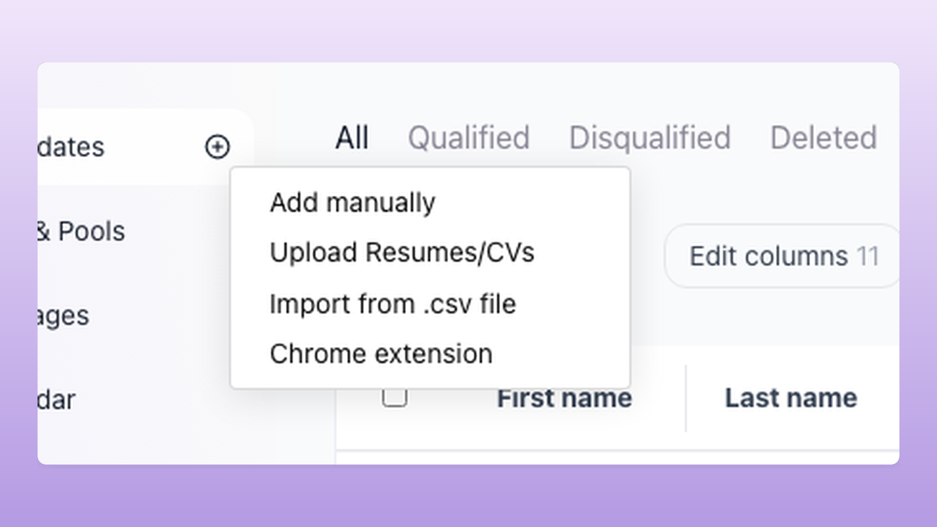 Add candidates dropdown in 100Hires showing Chrome extension as one of four import options