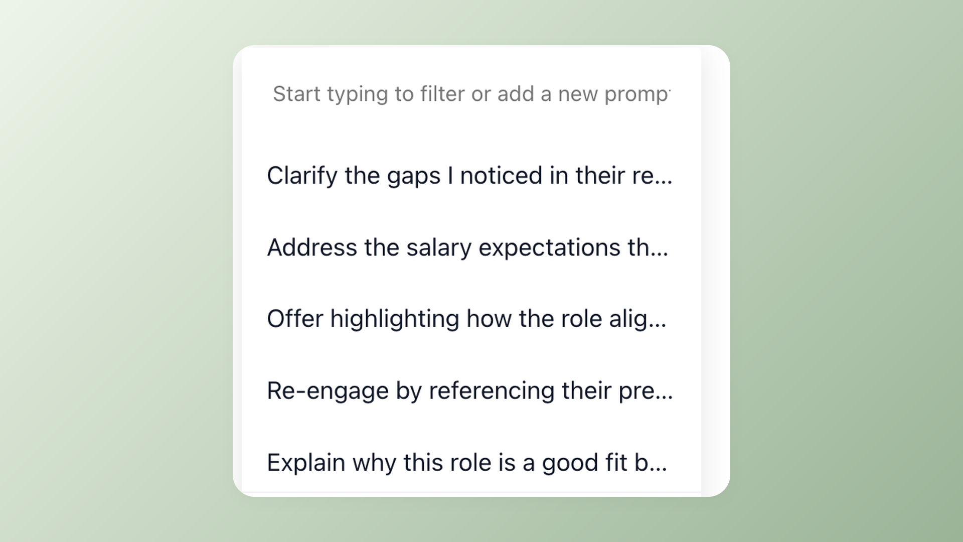 100Hires AI Email Composer saved prompts dropdown with balanced side margins