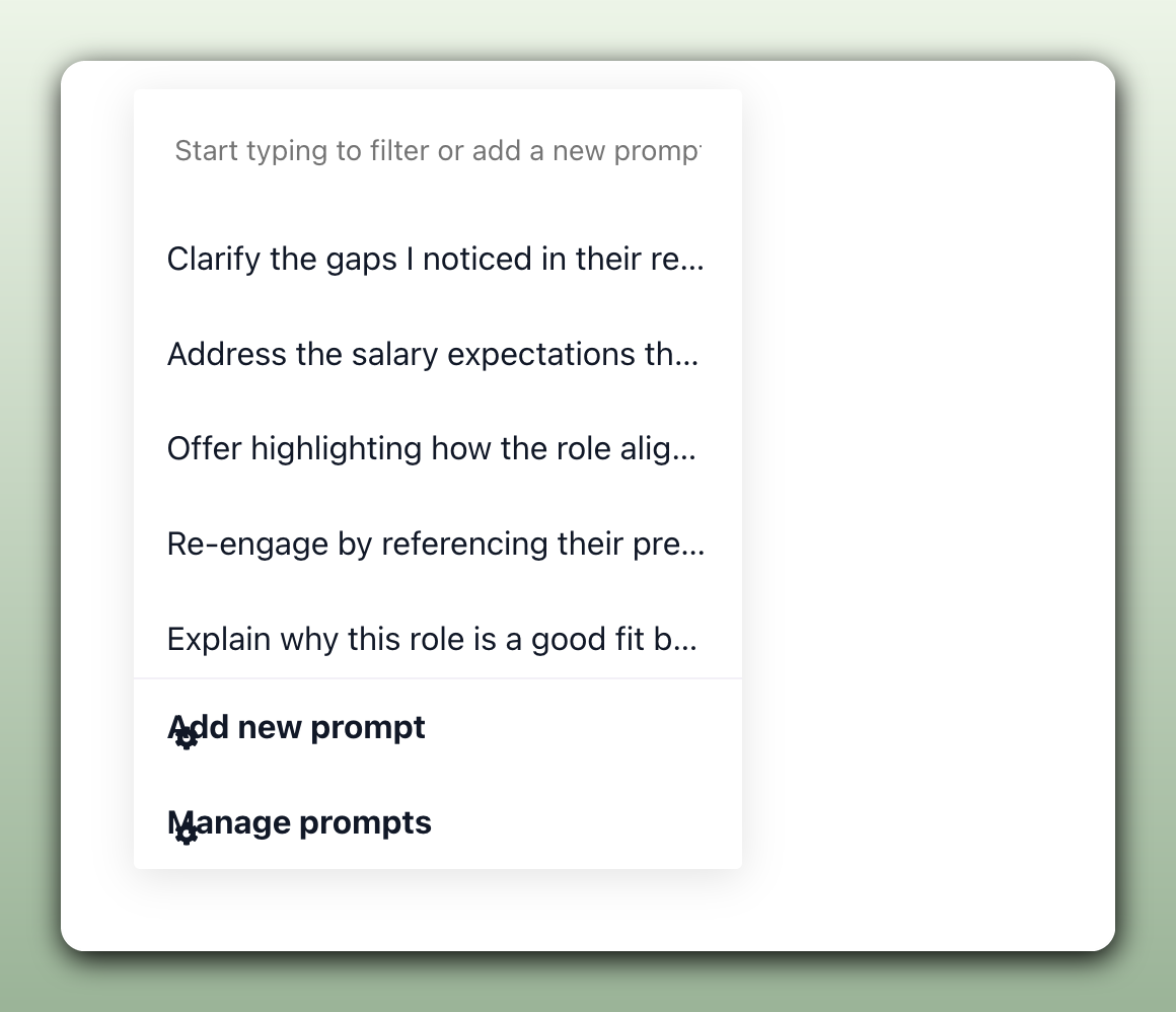 100Hires candidate Messages tab with the AI Email Composer open, drafting a reply from saved prompts