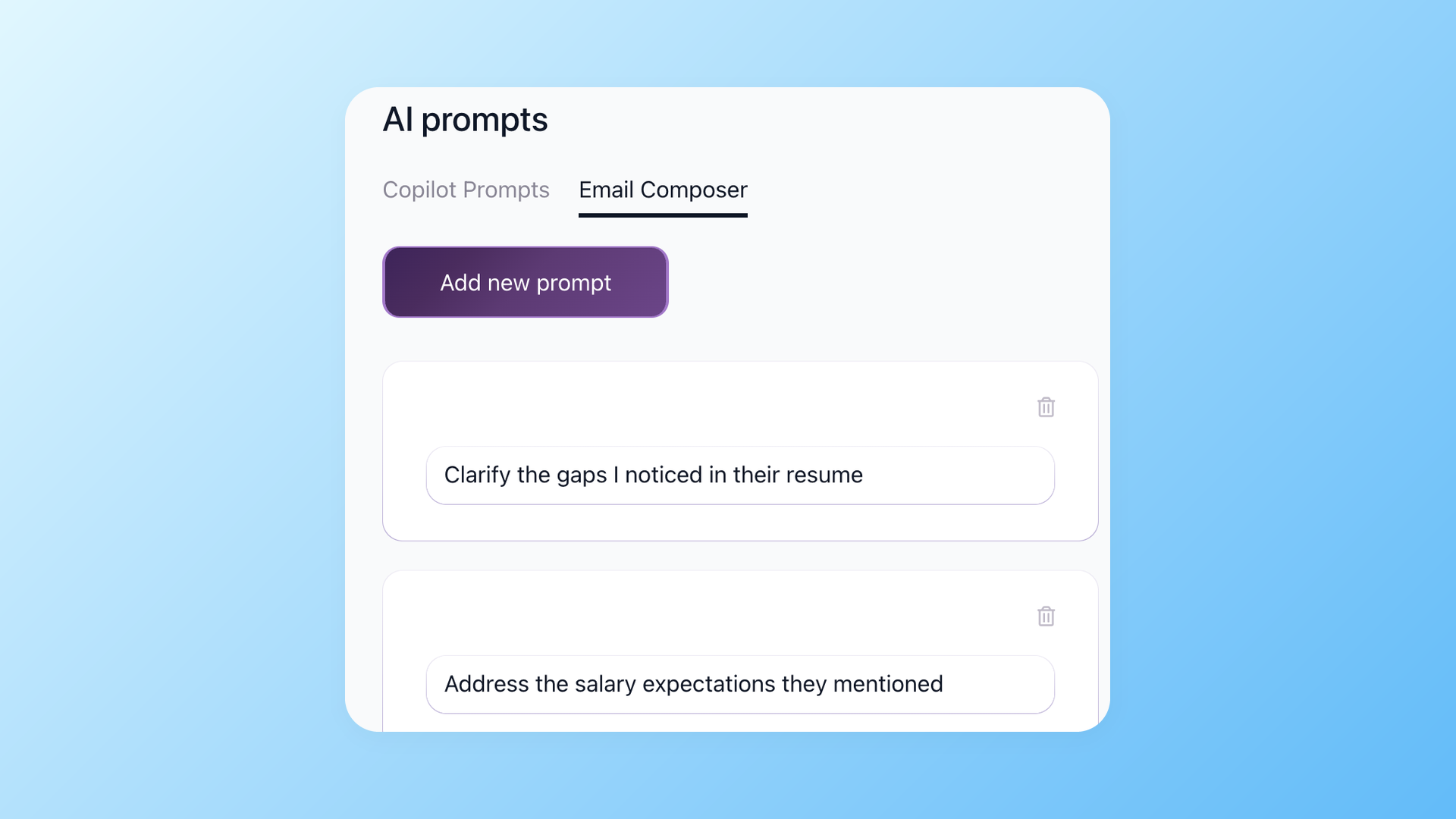 Settings AI Prompts page with Email Composer tab and saved recruiter prompts