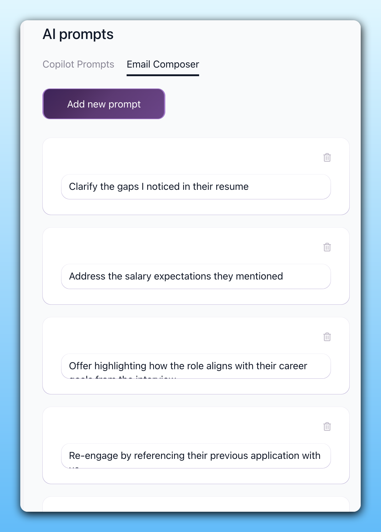 100Hires AI Email Composer saved prompts in Settings, on the Email Composer tab