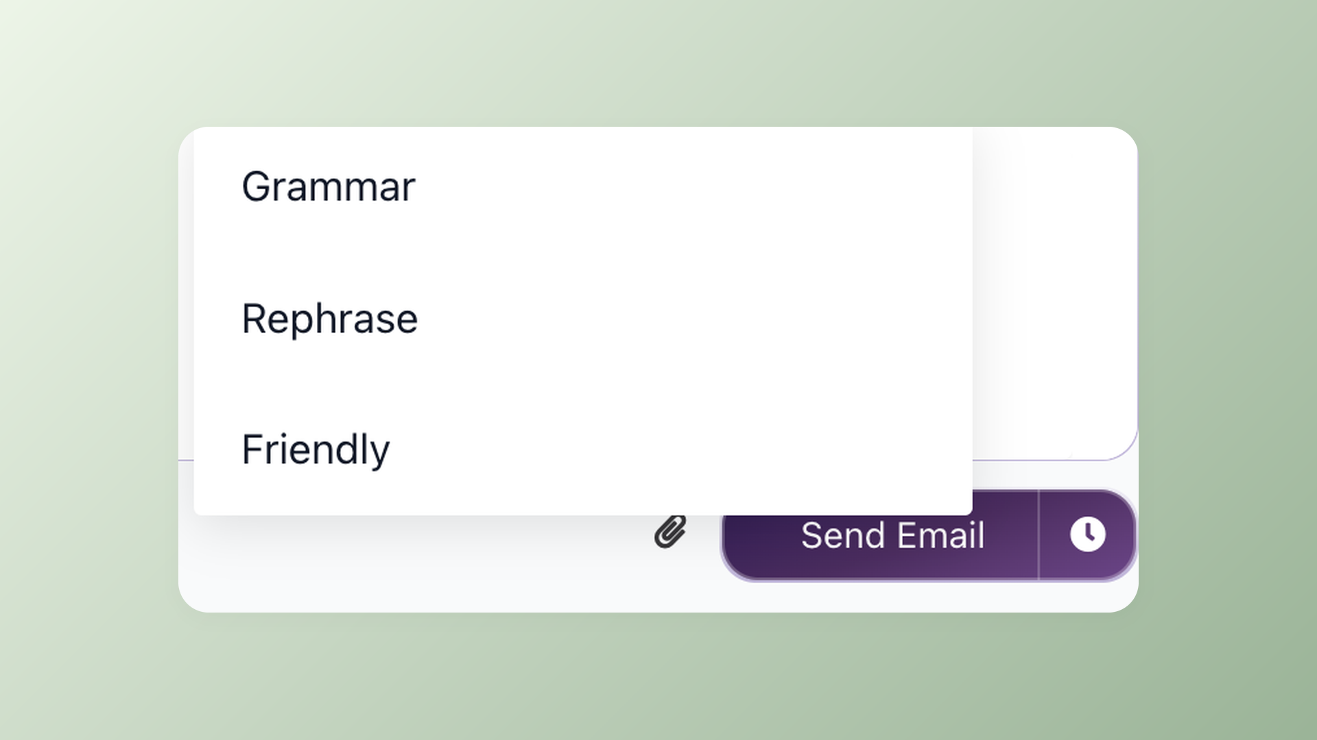 AI Transform dropdown menu with Grammar, Rephrase, Friendly actions above Send Email