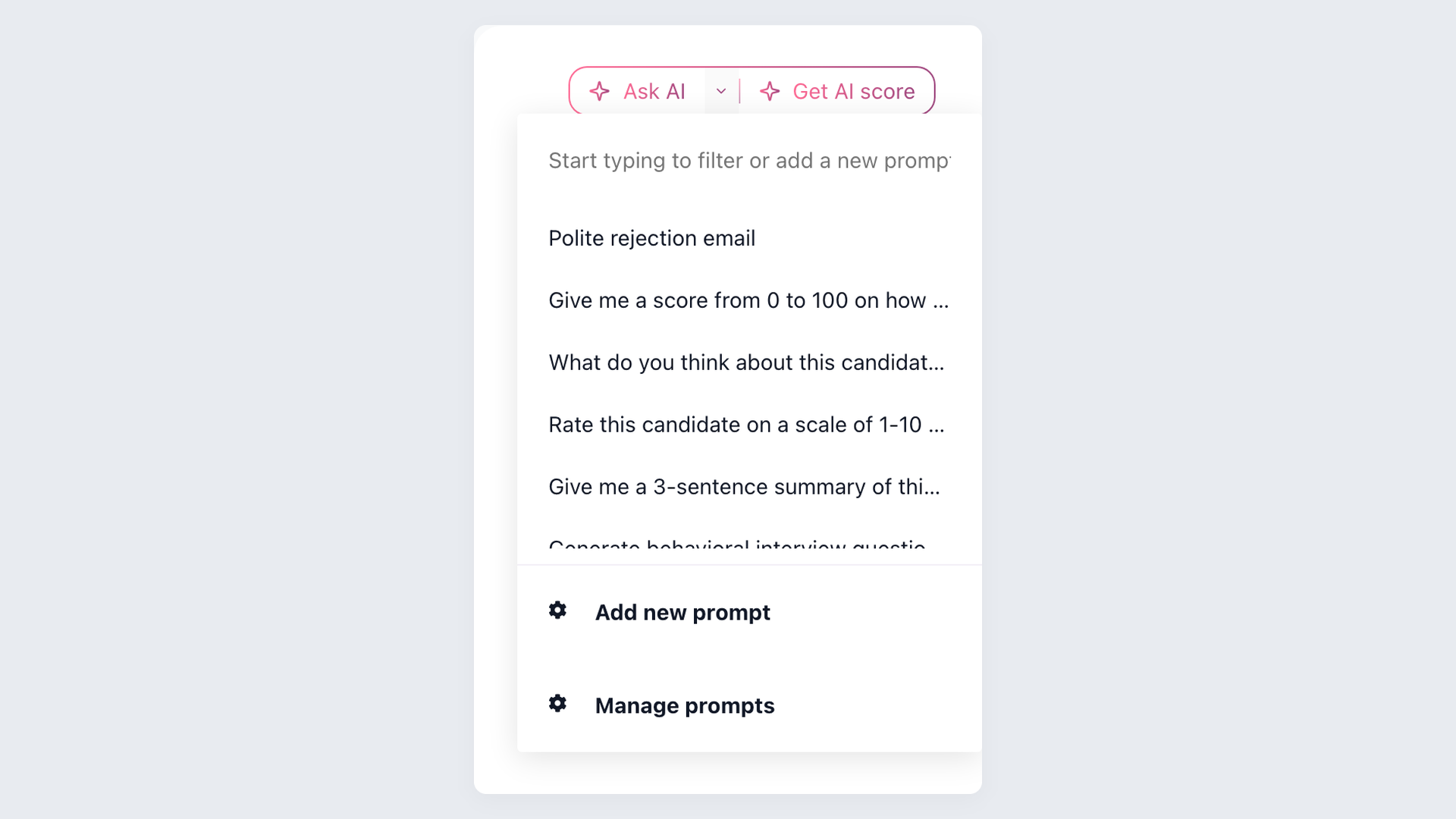 AI Copilot prompt library in 100Hires with saved recruiter prompts for outreach and scoring
