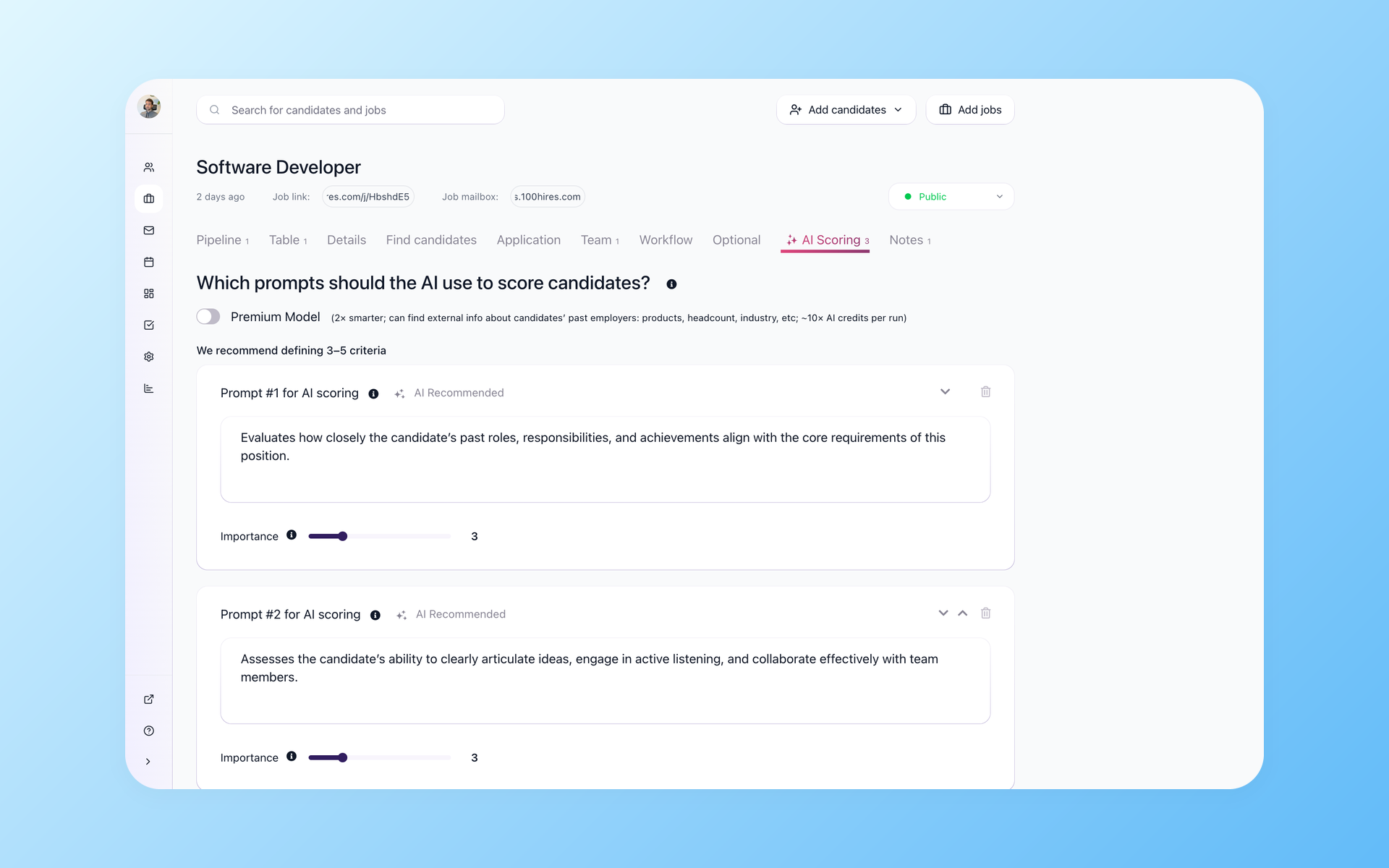 100Hires AI Score criteria editor with weighted scoring prompts for screening remote job applicants