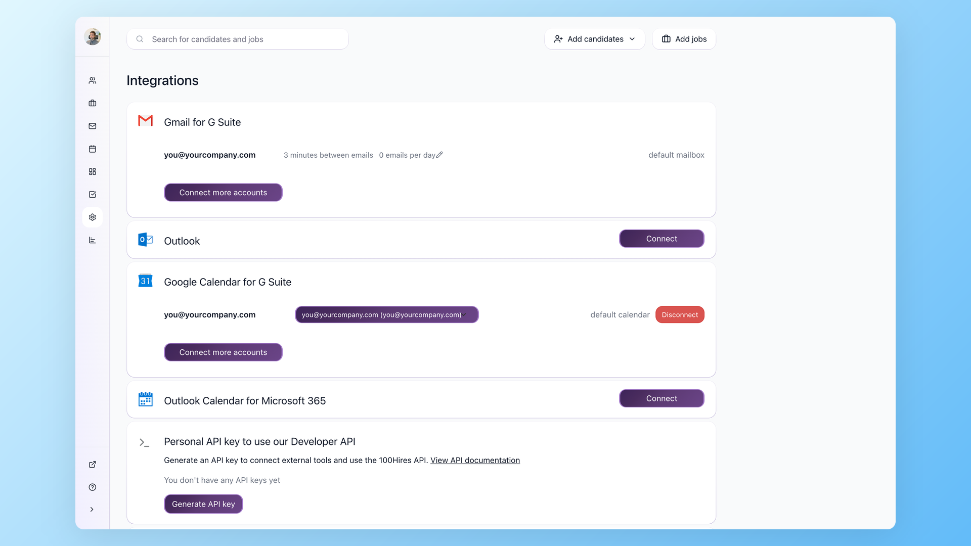 100Hires Integrations panel showing Gmail, Outlook, Calendar, Personal API key for Developer API, and Zapier integration cards