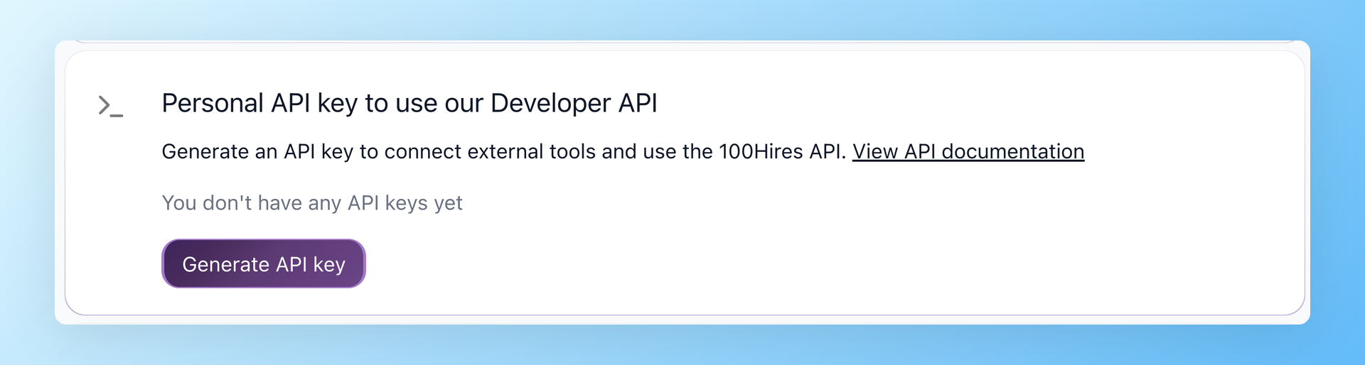 100Hires Personal API key card in Settings Integrations with Generate API key button and documentation link