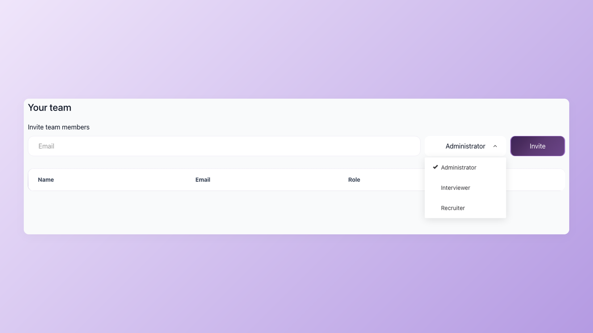 The 100Hires team settings showing the three hiring roles: Administrator, Recruiter, and Interviewer