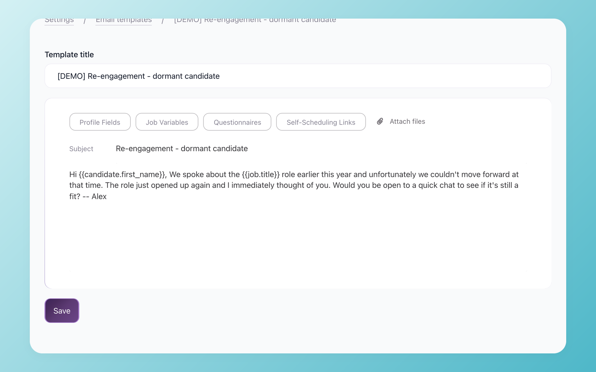 100Hires variables dropdown in the email template editor showing candidate, job, and sender groups