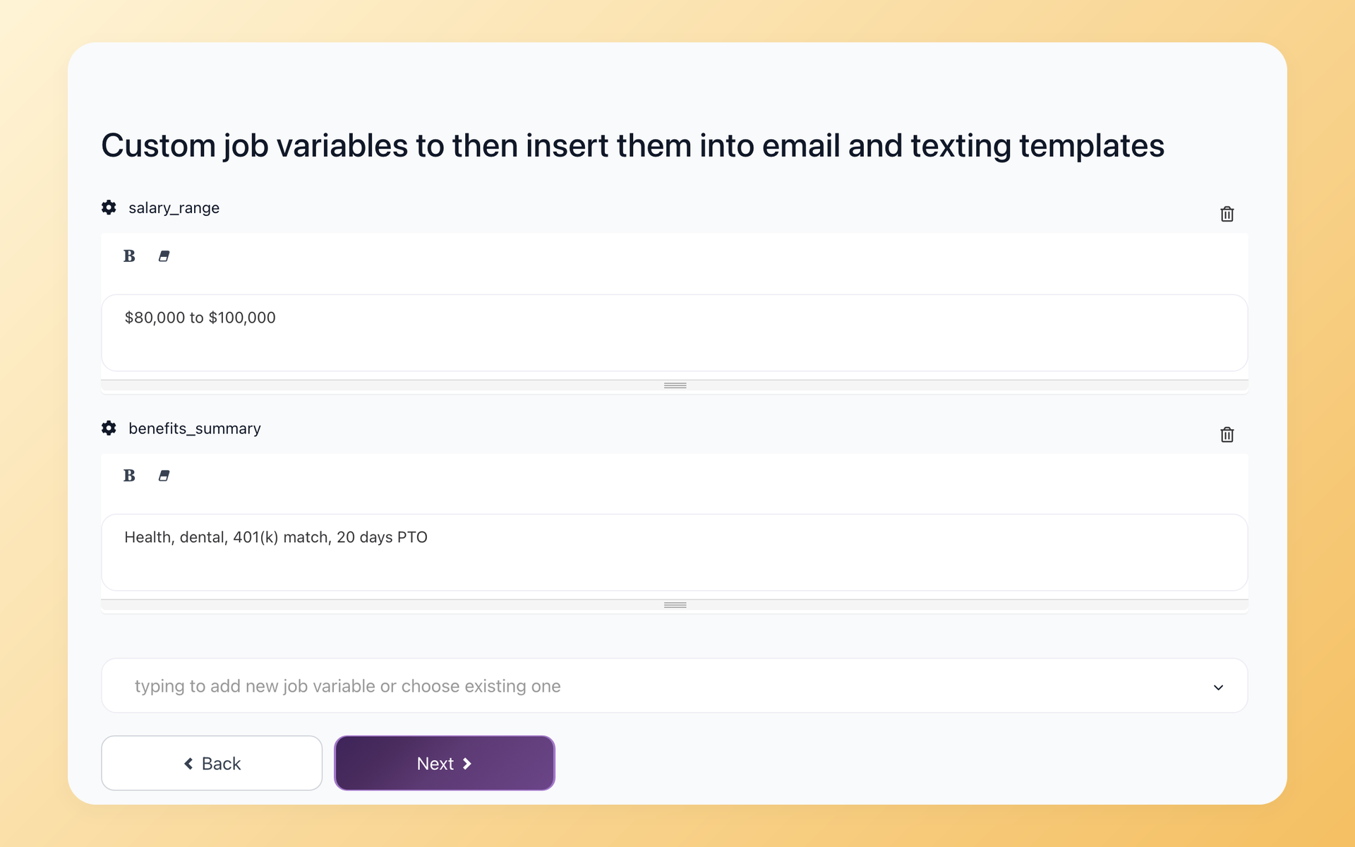 100Hires Custom job variables section in the job Options tab with a salary range value