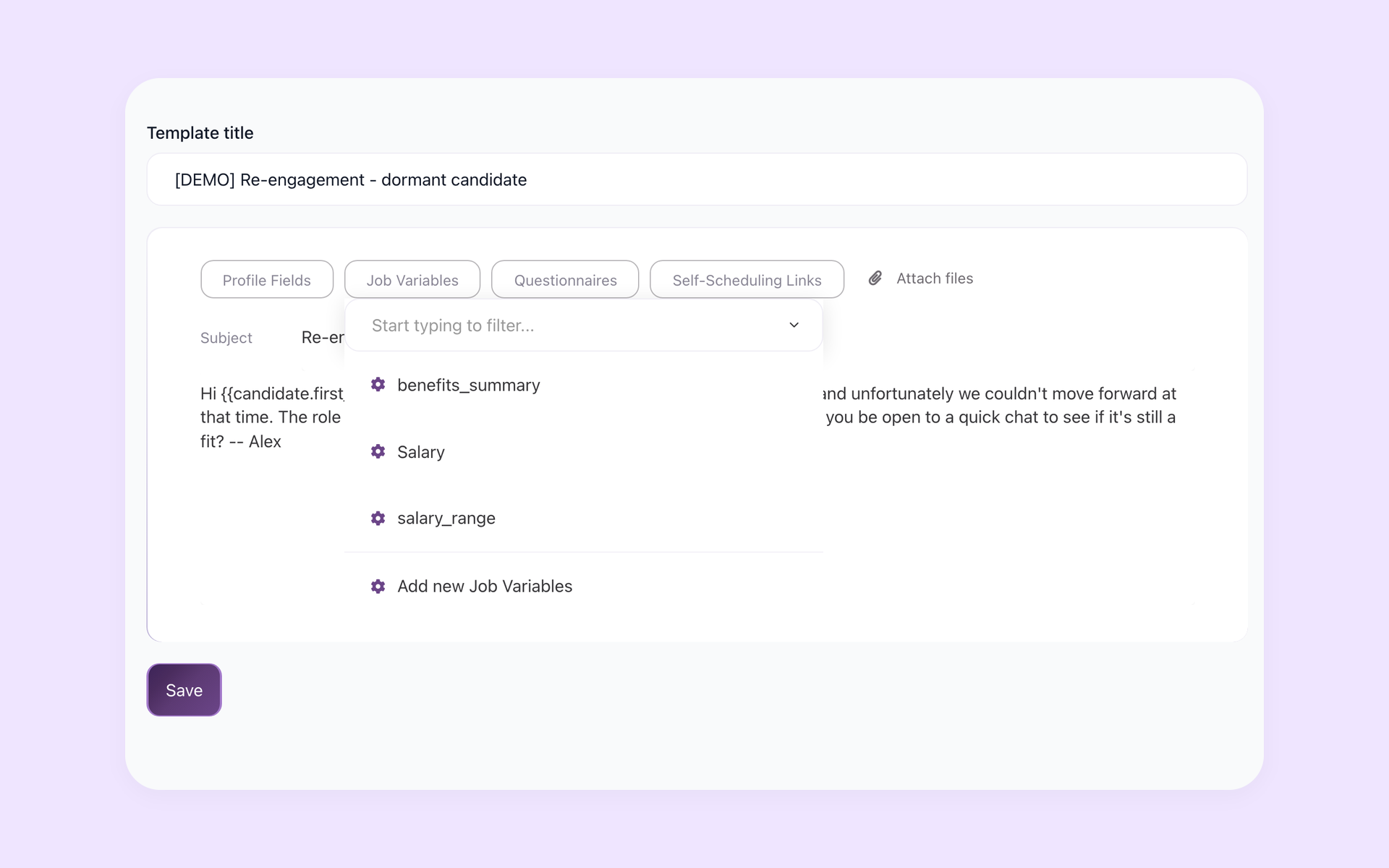 100Hires template editor with the Job Variables dropdown open showing candidate, job, and custom variables