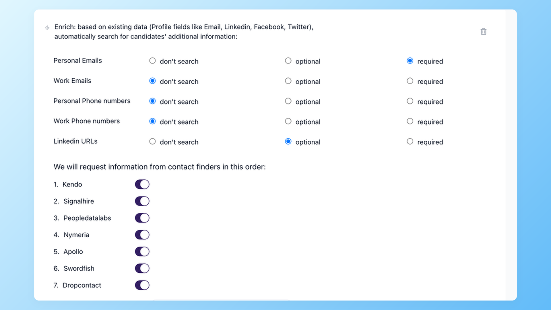 Enrich automation in 100Hires showing Personal Emails required and 7 contact finders in waterfall order