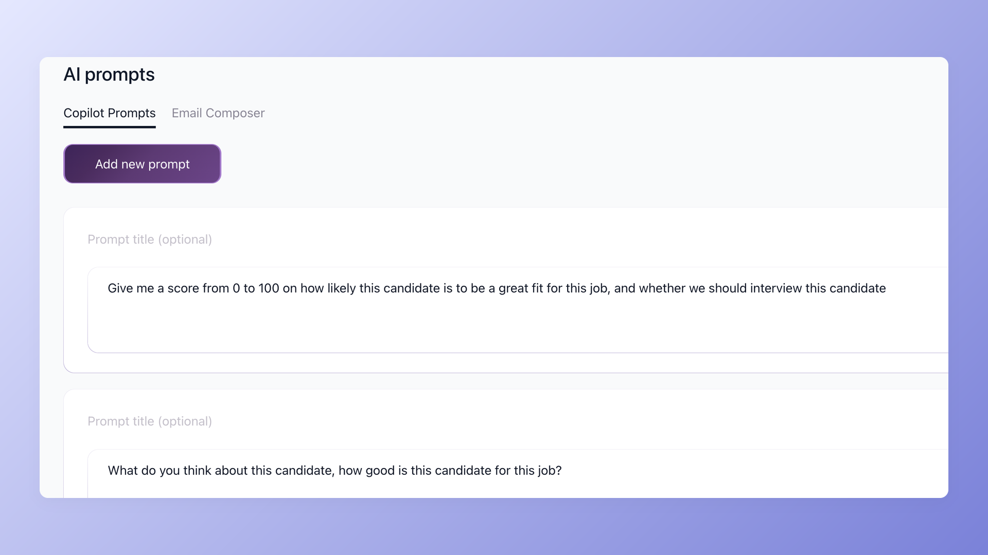 100Hires AI Copilot prompts configuration with account-level AI controls