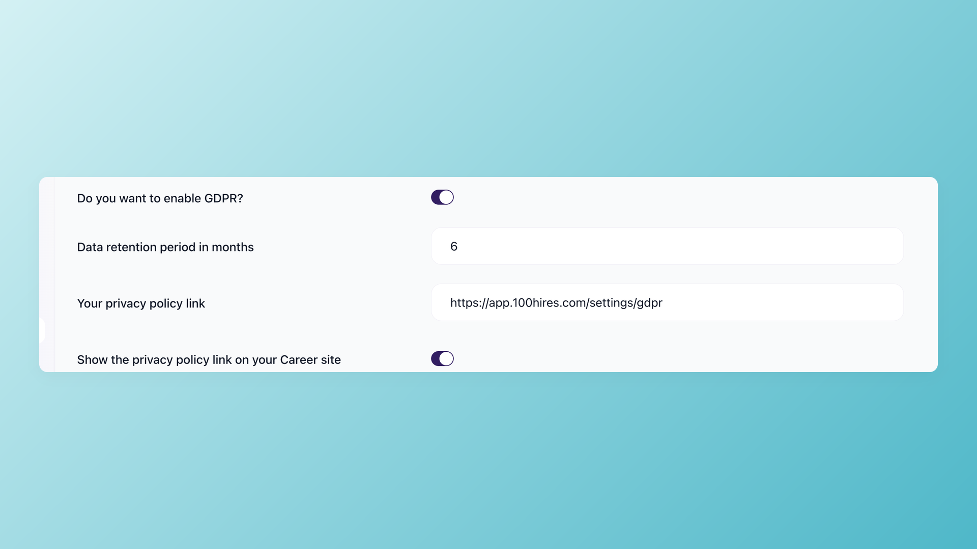 100Hires candidate GDPR consent status and request controls