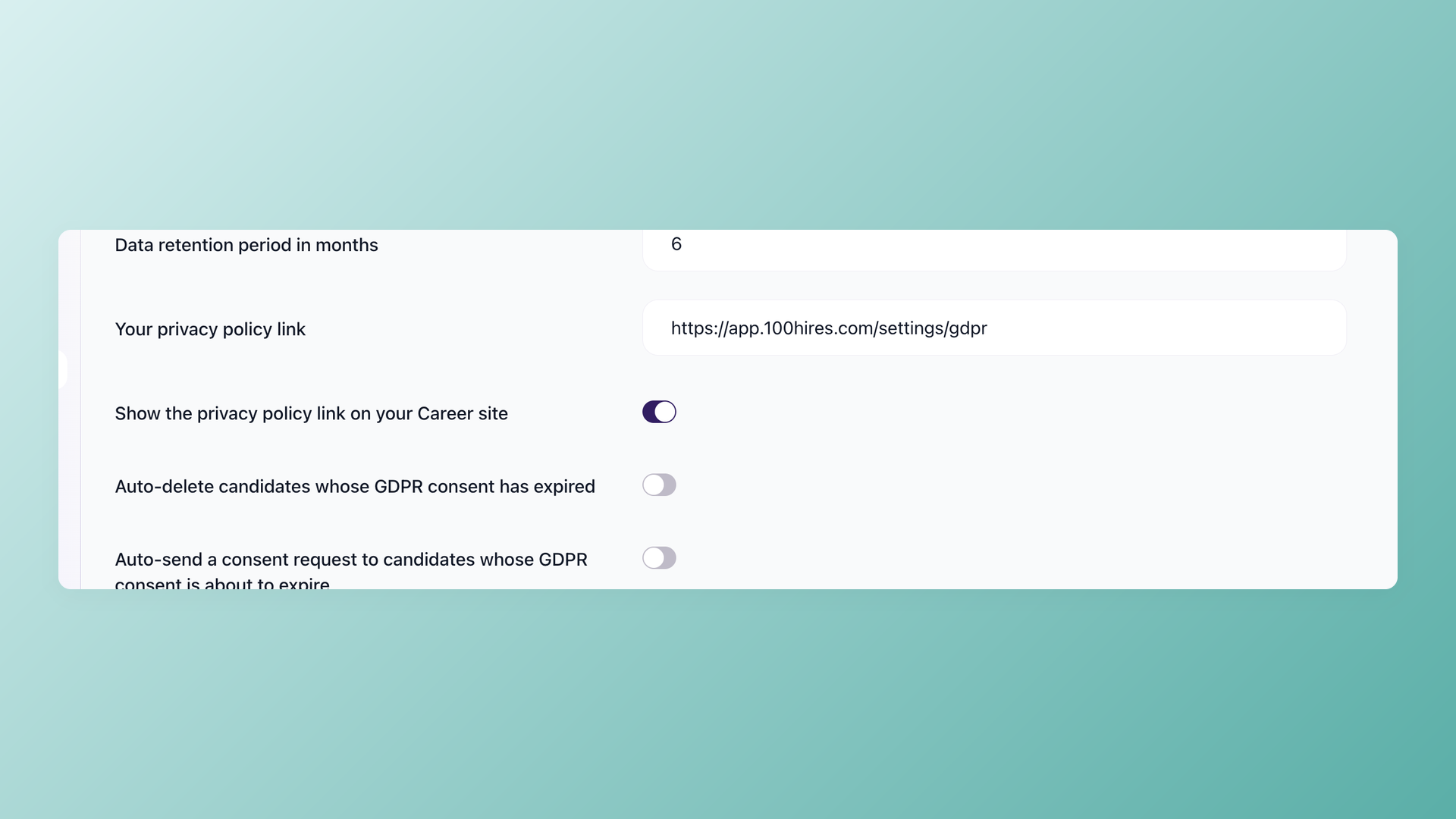 100Hires GDPR settings - data retention period, auto-delete, and auto-send consent renewal