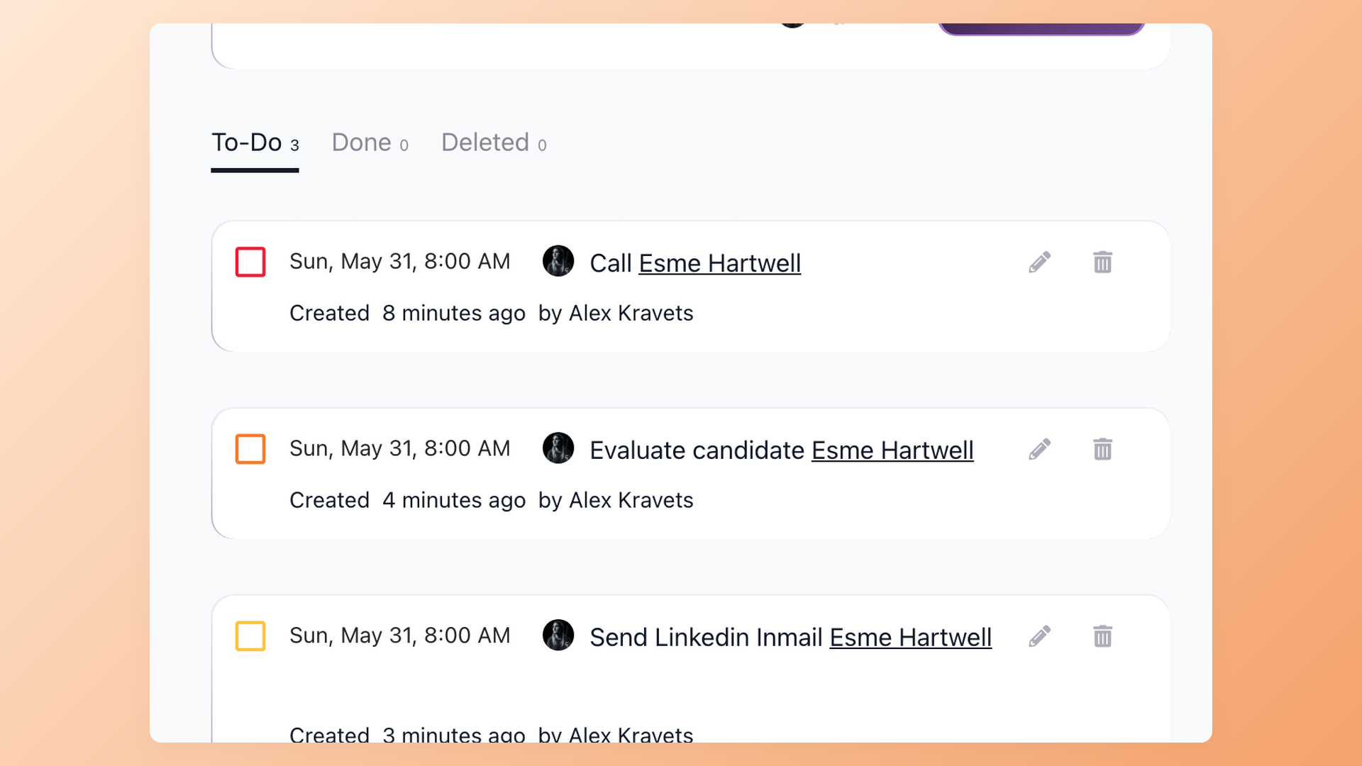 100Hires To-Do list showing multiple hiring tasks across candidates with color-coded priority indicators