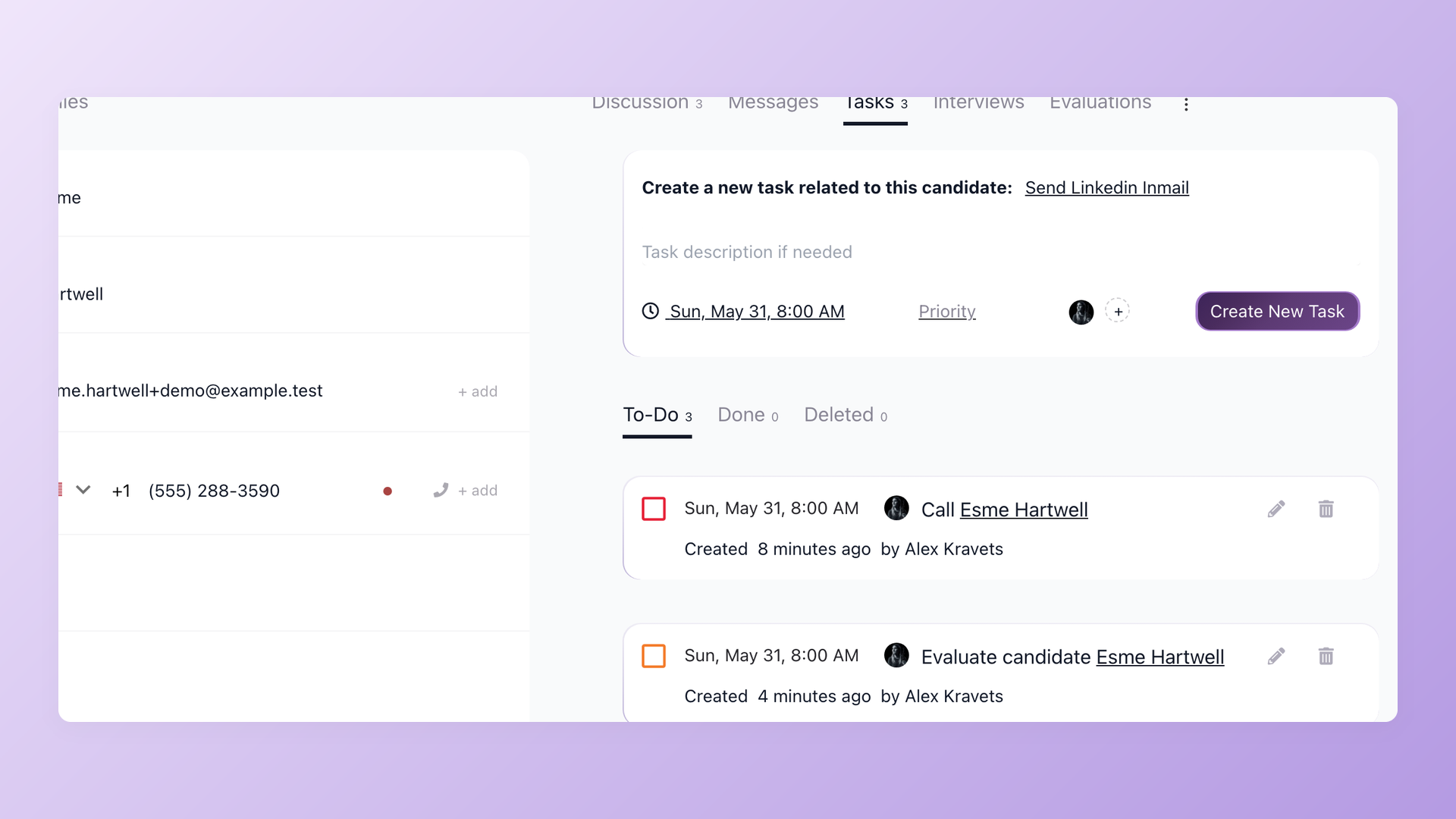 100Hires candidate profile two-panel view with the Tasks tab open beside Discussion, Messages, Interviews and Evaluations
