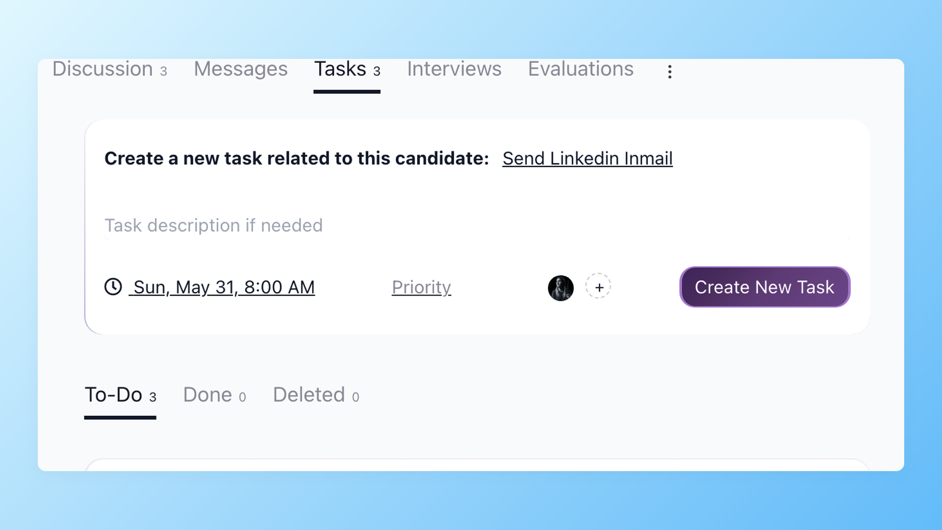 100Hires New Task form on a candidate profile with task type, due date, priority and assignee fields