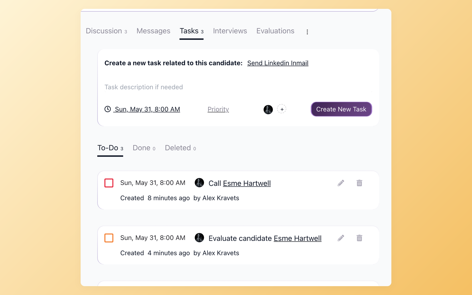 100Hires Tasks tab on a candidate showing a hiring to-do list with priorities, due dates, task types, and To-Do, Done and Deleted tabs