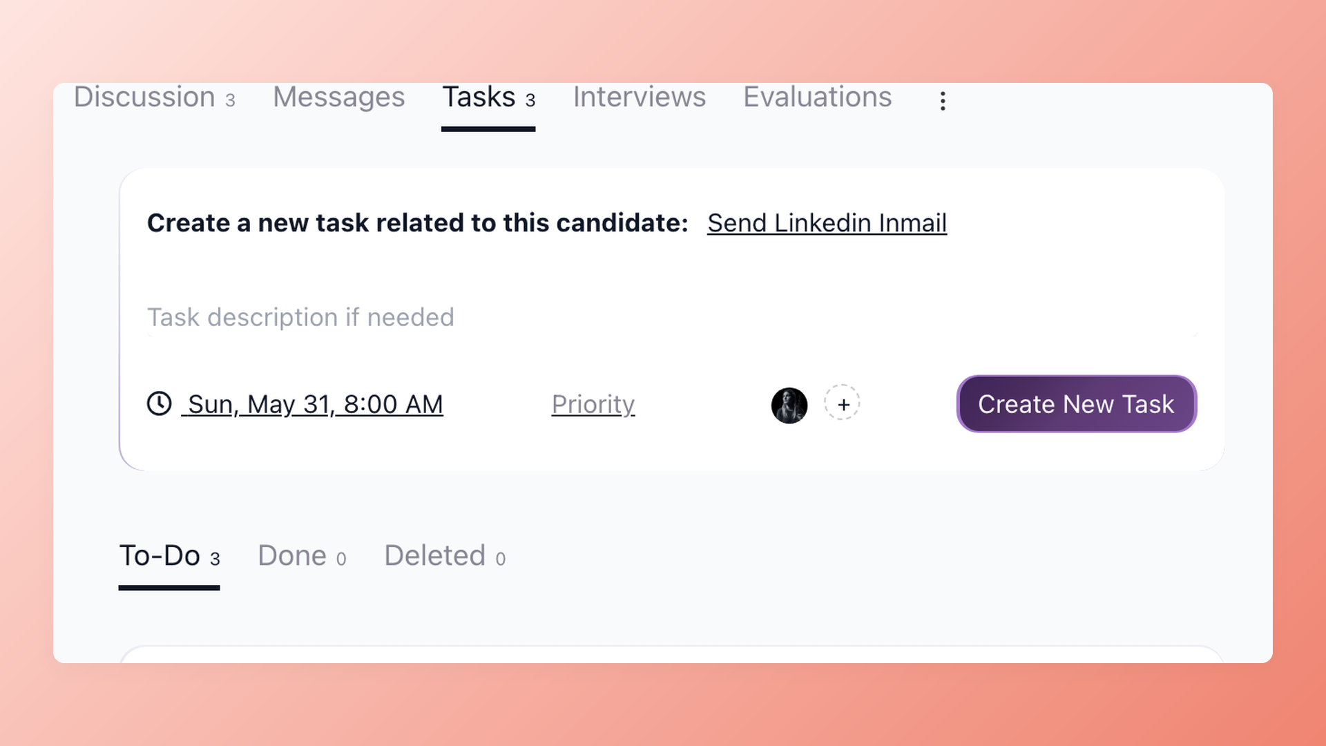 100Hires task creation form showing task type, due date, priority, assignee and Create New Task button for interview-related tasks