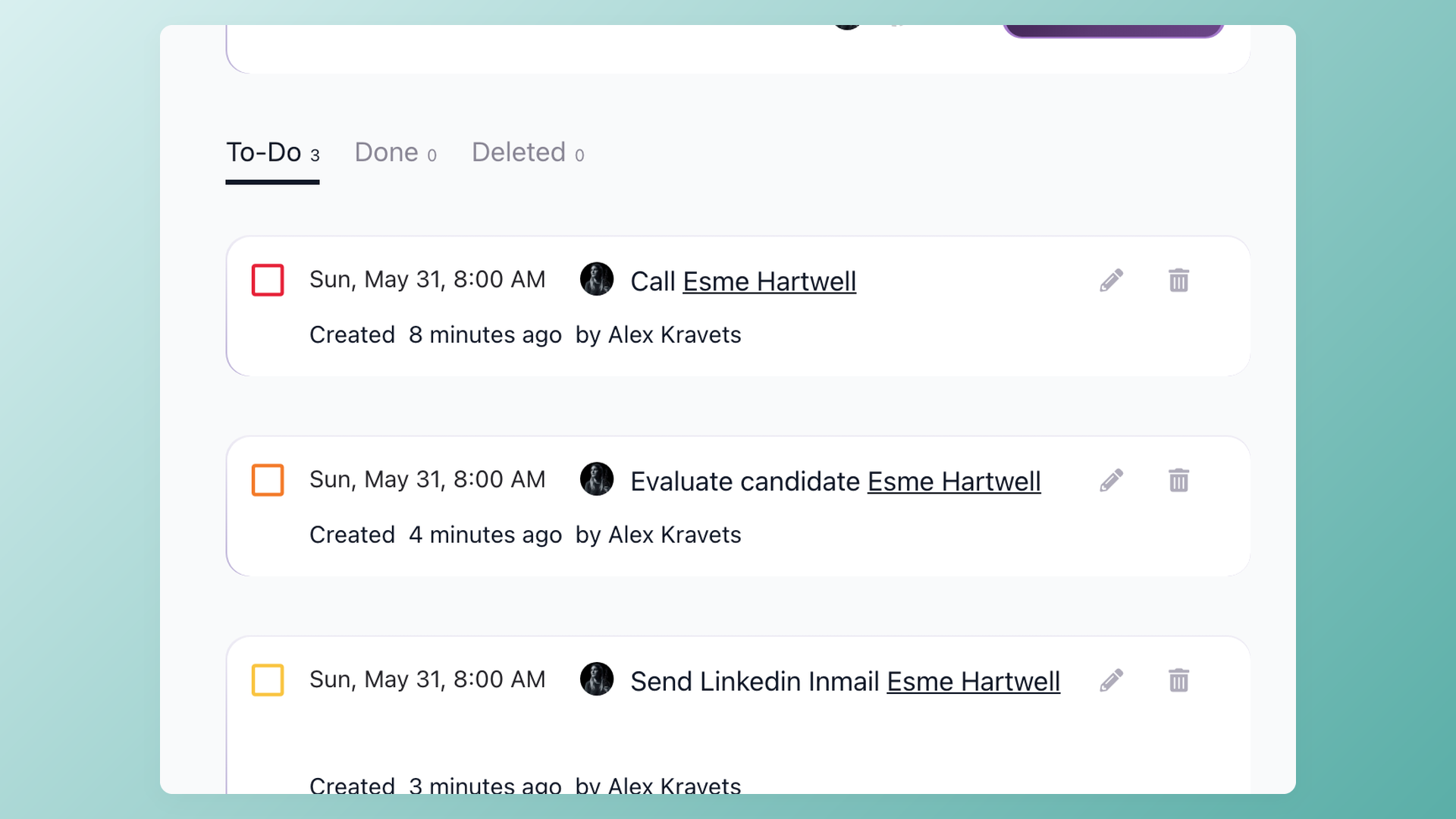 100Hires candidate To-Do list showing hiring tasks with P1 to P5 priorities and due dates