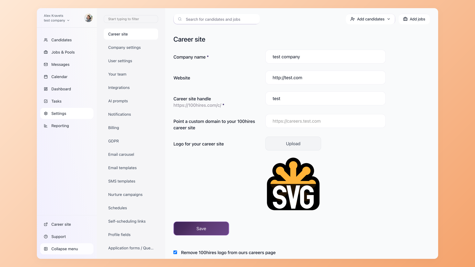 100Hires per-company career site settings showing logo, colors, handle, and custom domain