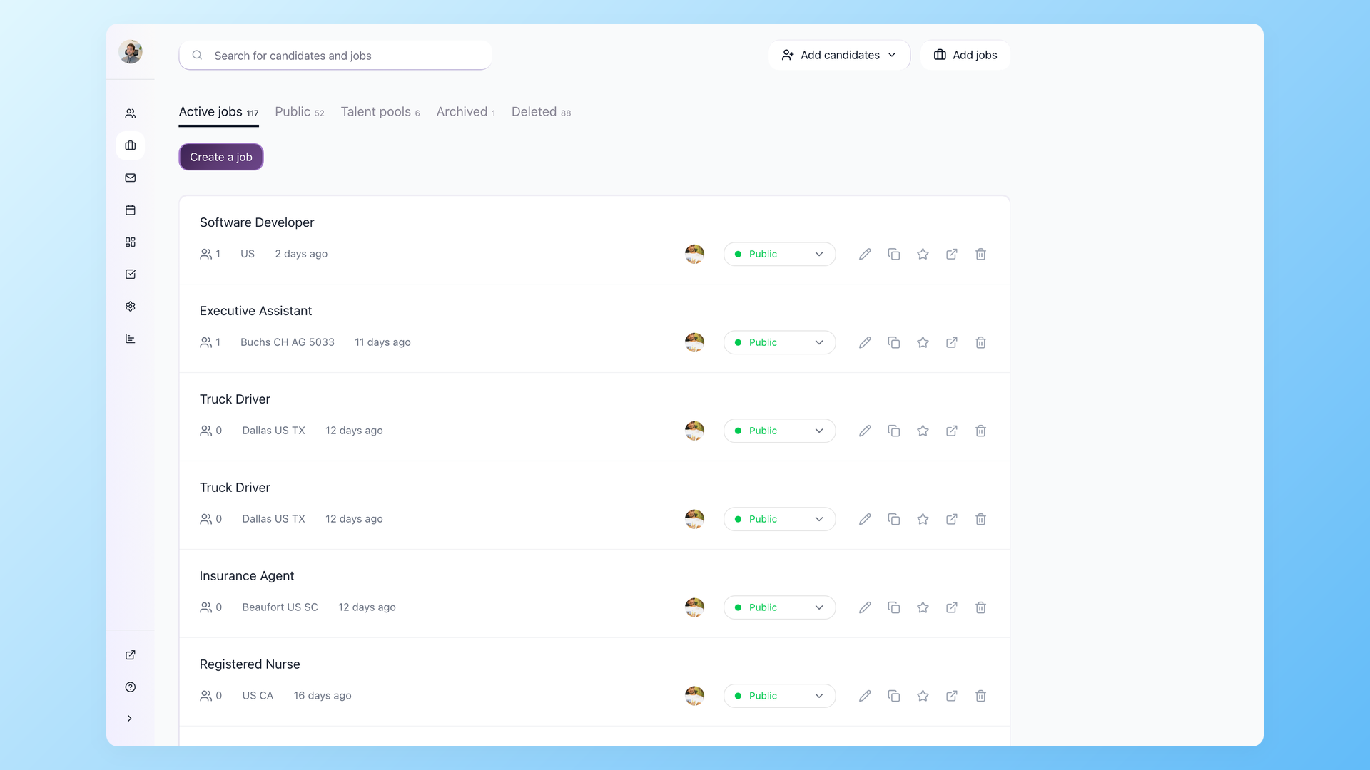 Two separate 100Hires company workspaces showing isolated job and candidate lists