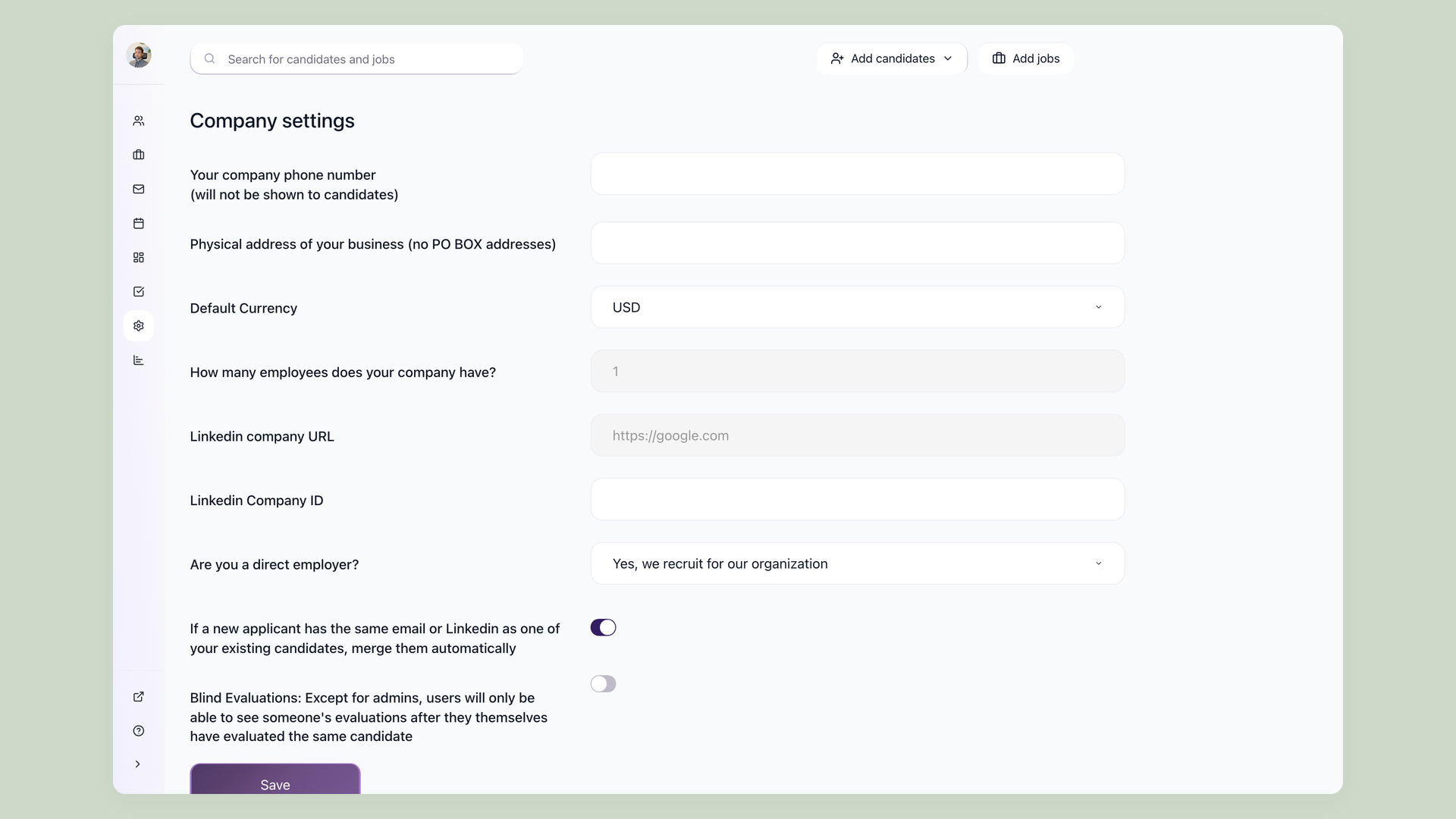 100Hires Create company screen with company type, currency, and LinkedIn company settings