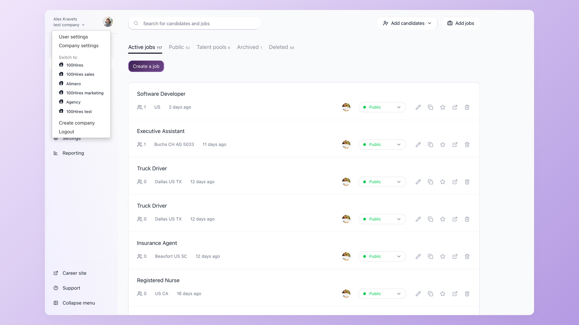 100Hires top-left company switcher open with a list of companies and a Create company link