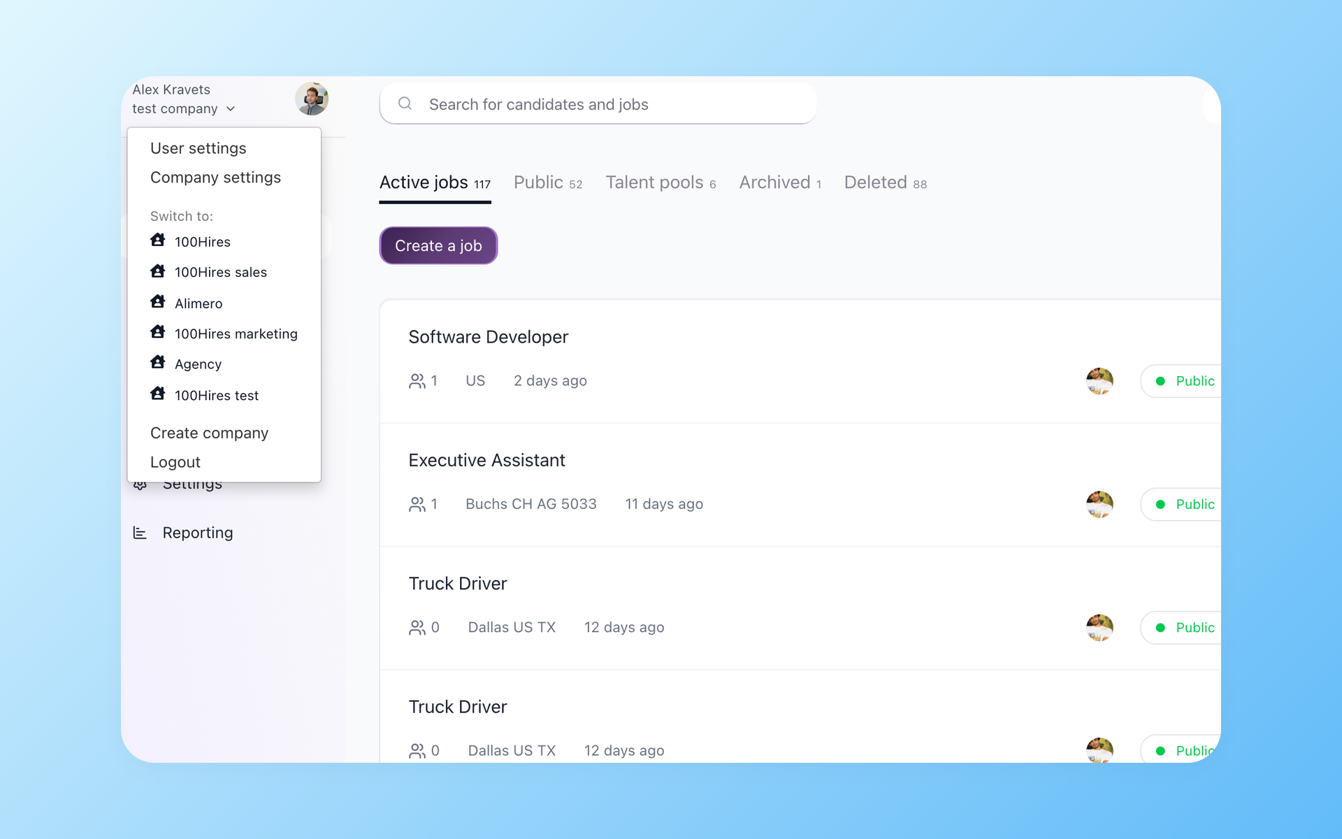 100Hires company switcher dropdown listing several companies under one login