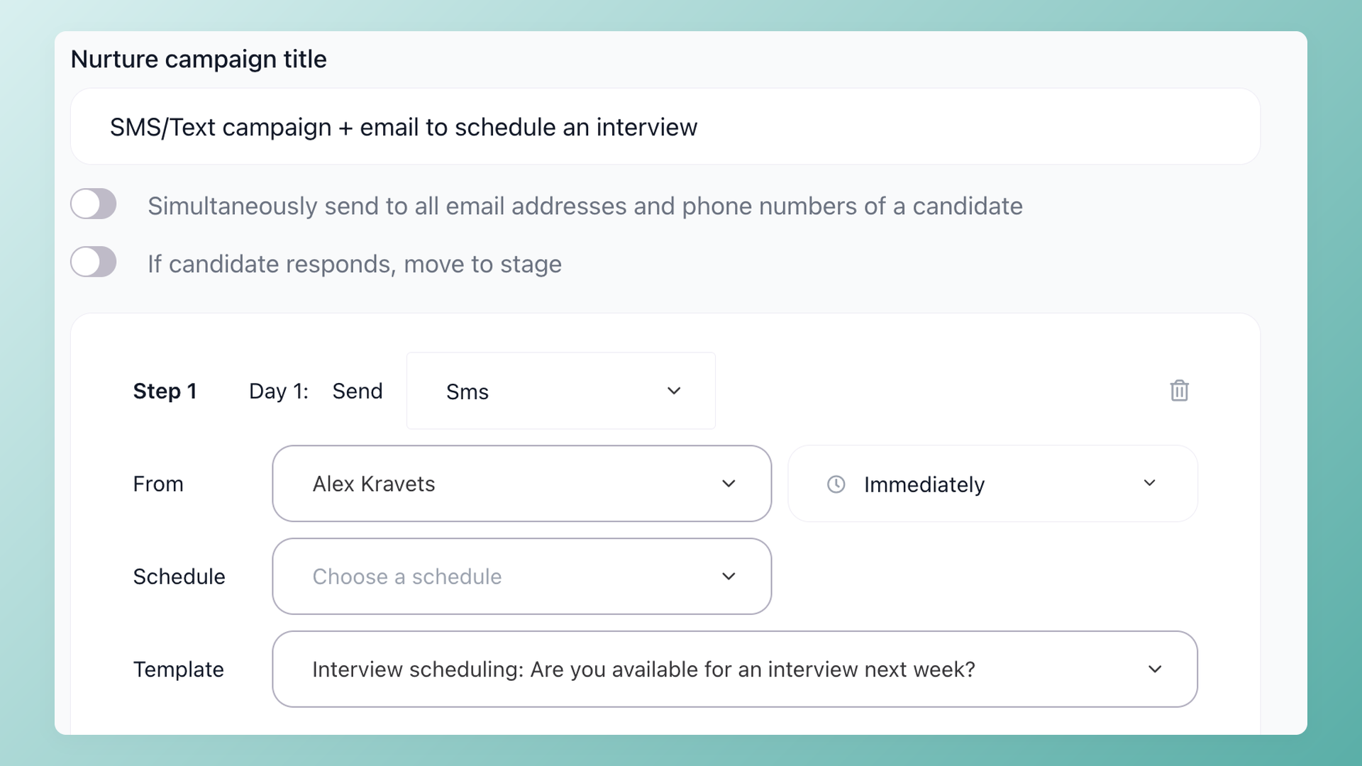 SMS step in a 100Hires nurture campaign with sender, schedule, and message template used for interview reminders