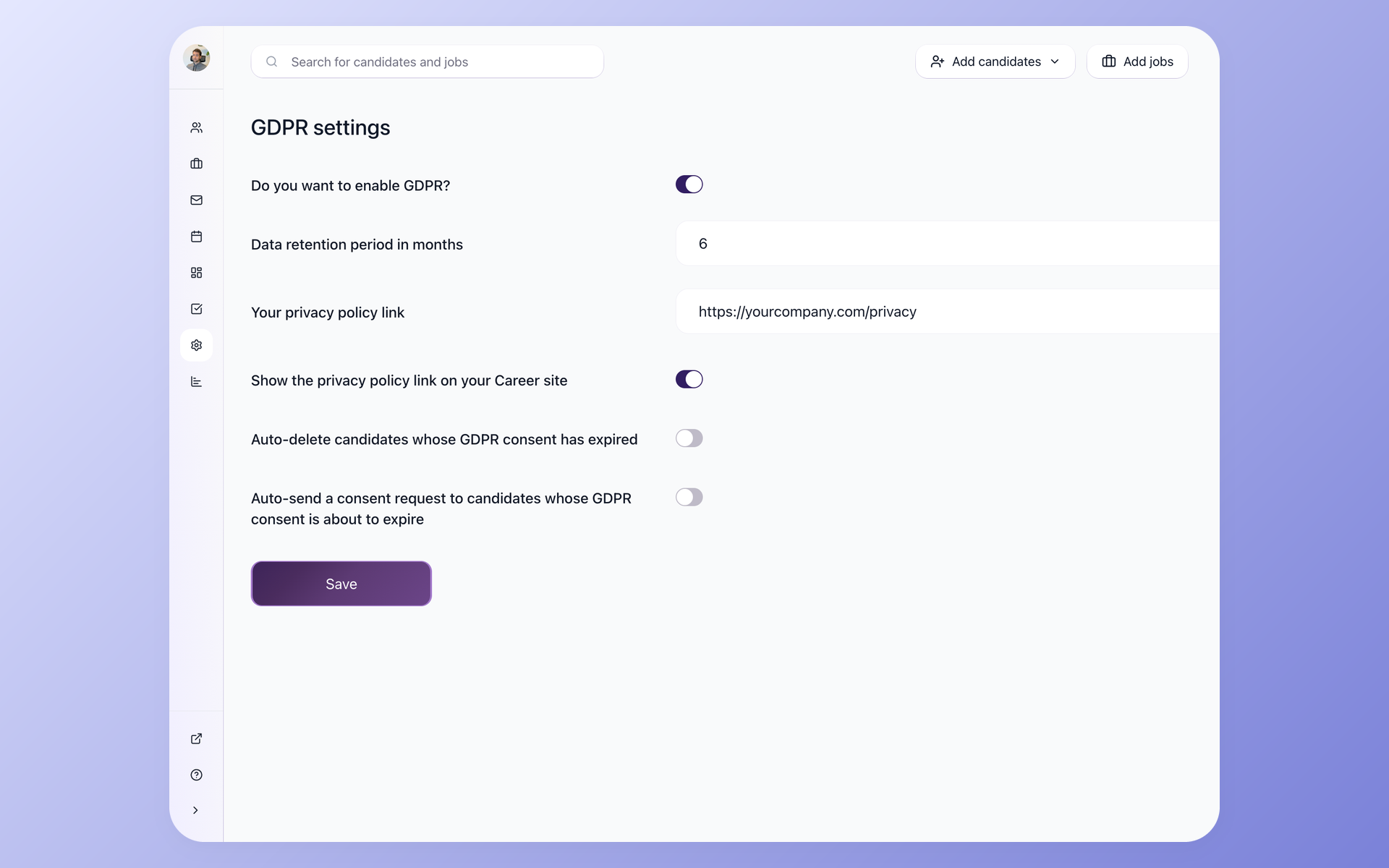 100Hires GDPR settings showing candidate data retention and consent controls