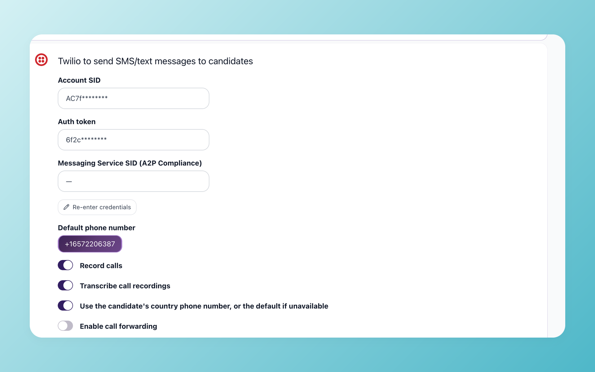 100Hires Twilio integration settings for sending texts, calls, and voicemail from a registered work number