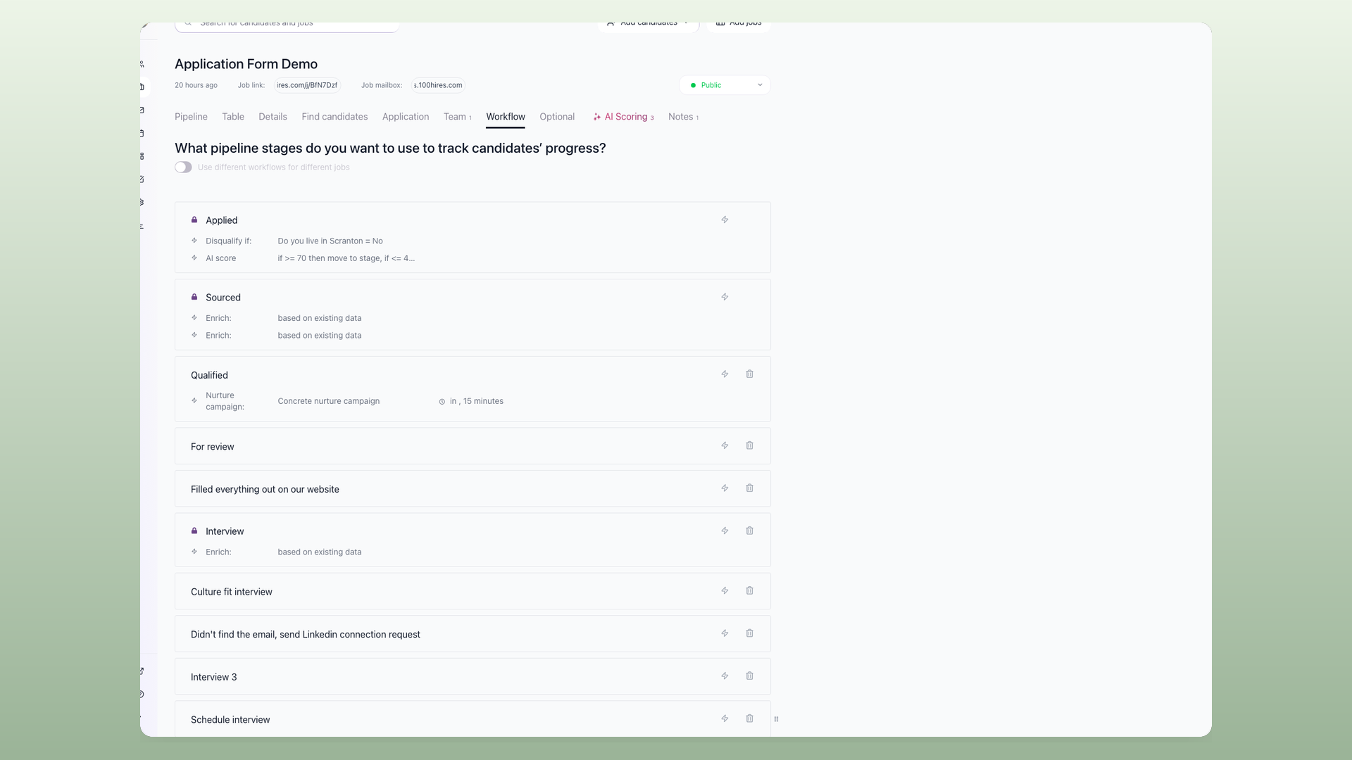 100Hires workflow rule moving or disqualifying candidates by AI Score threshold