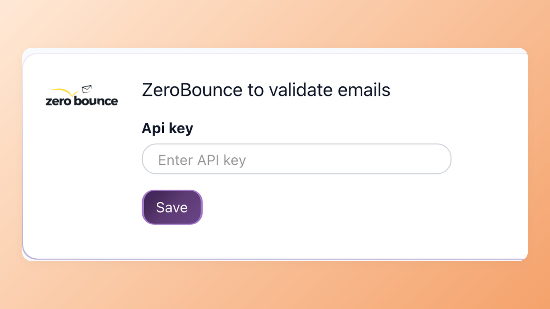 Zoomed ZeroBounce email validation integration card in 100Hires with API key field and Save button