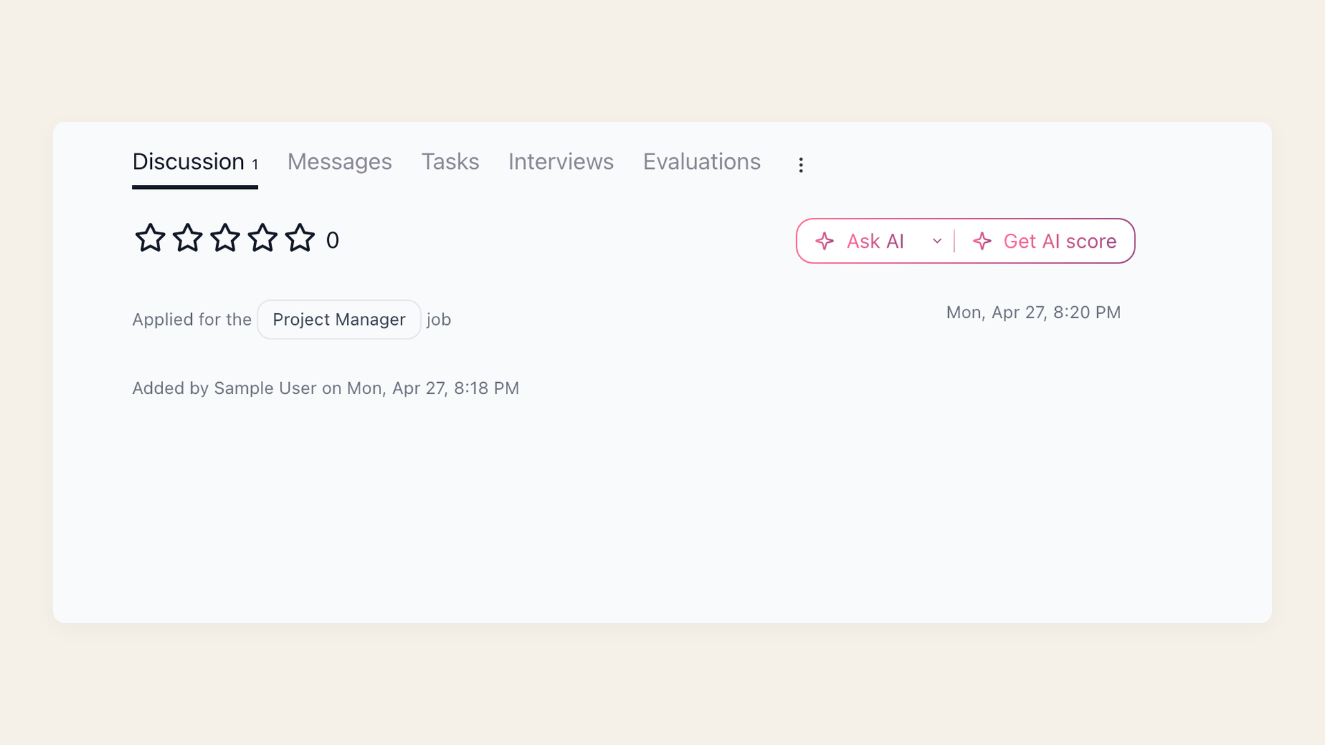 100Hires candidate Discussion thread with team notes, a star rating, an application event, and a timestamped activity log