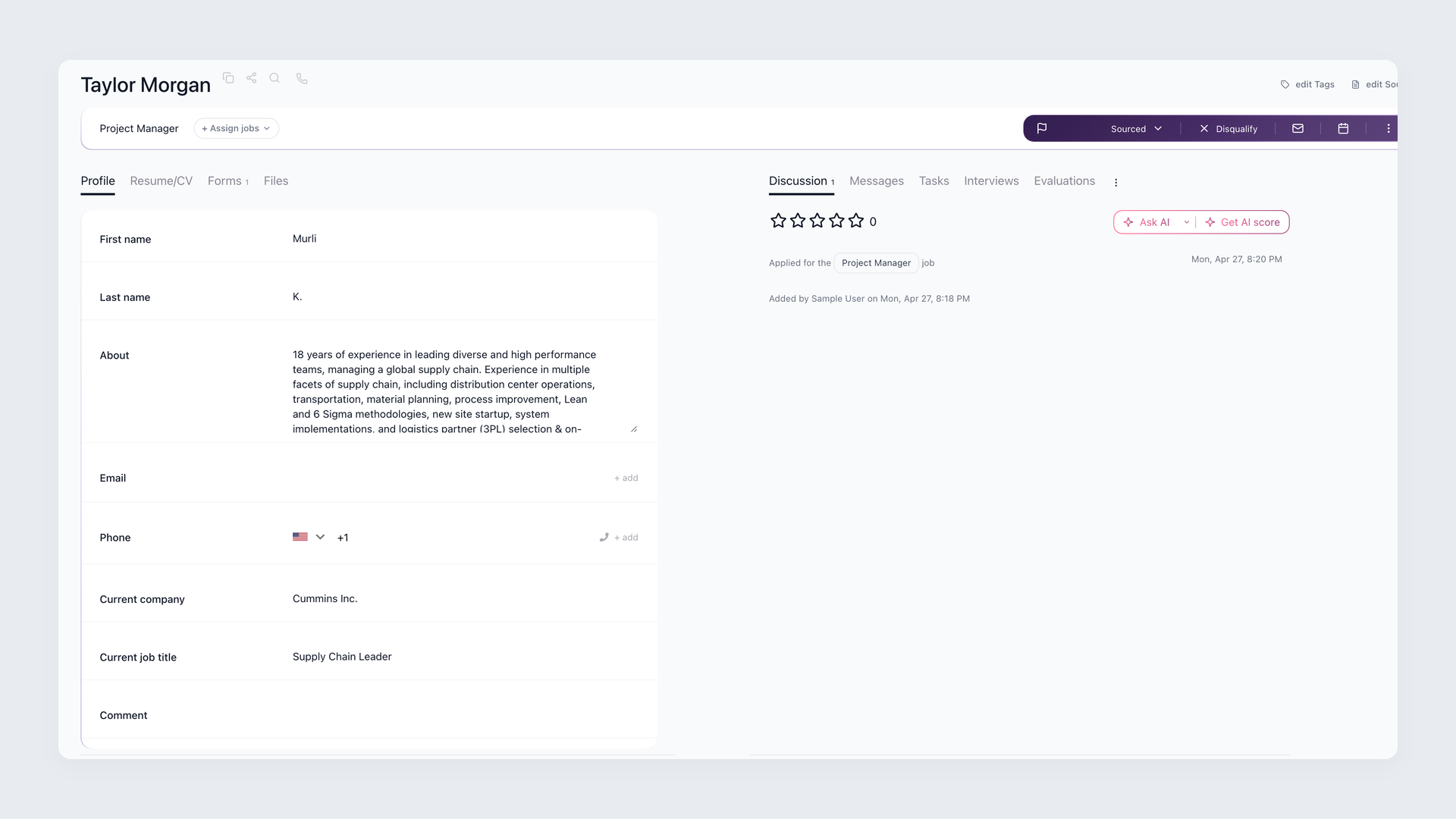 100Hires candidate record showing profile fields, activity history, job assignment, and AI actions