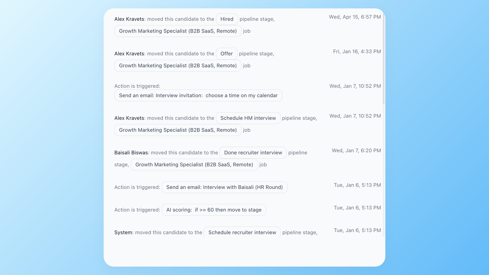 100Hires candidate pipeline showing clinical and admin roles in active hiring stages