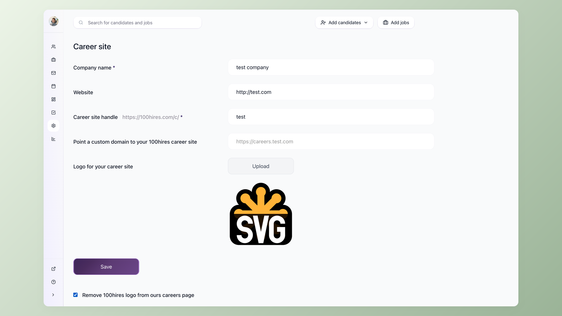 100Hires Settings - Career Site panel with logo upload, background color picker, font face and size dropdowns, and apply button color controls