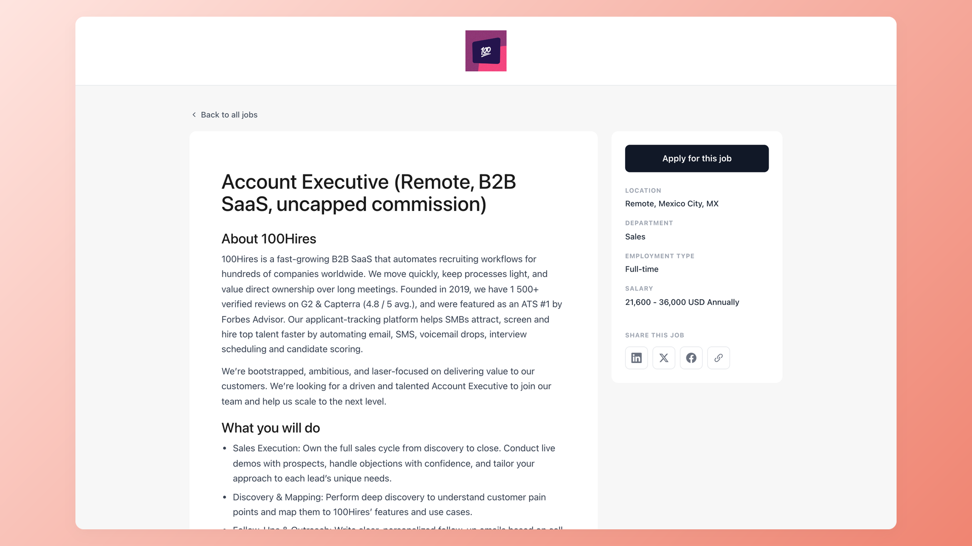 100Hires job description page for an Account Executive role with an About section, a What you will do bullet list, and a right-side sidebar showing Location, Department, Employment Type, Salary, and a sticky Apply for this job button
